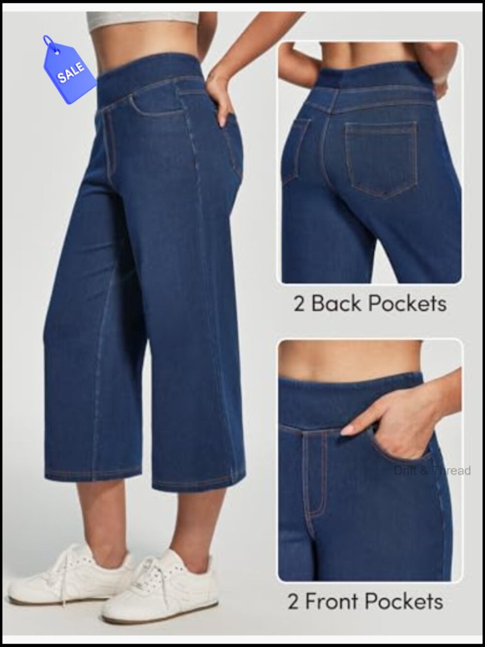 High Waisted Pull On Capri Jeans with Pockets Wide Leg - Picture 5 of 6